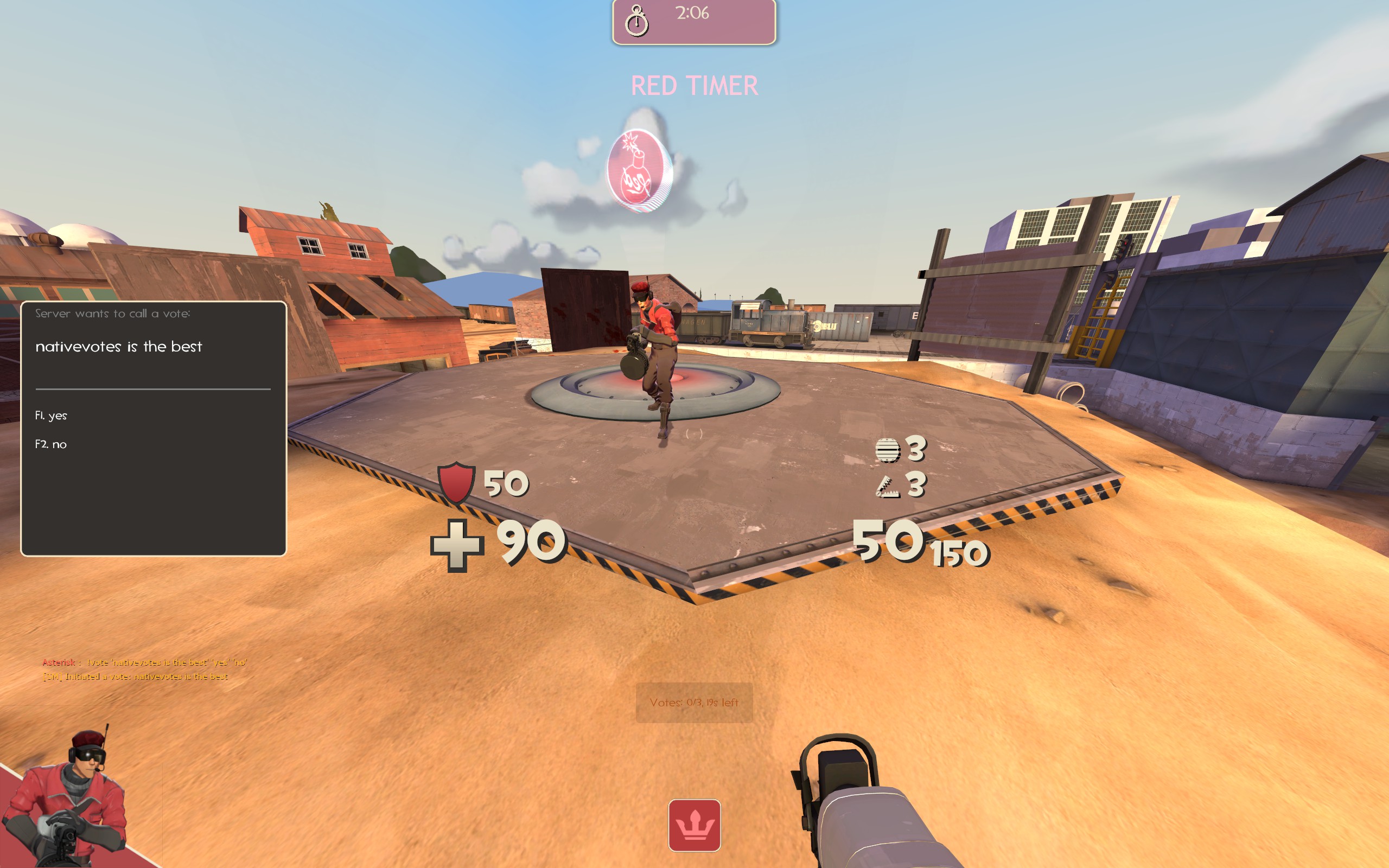 “Nativevotes is the best: yes/no” with a vote progress hintbox at the bottom. A red Scout and the map garbage_day can also be seen.